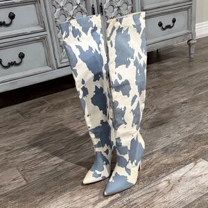 Stylish Blue and Cream Over the Knee Boots, cow print style